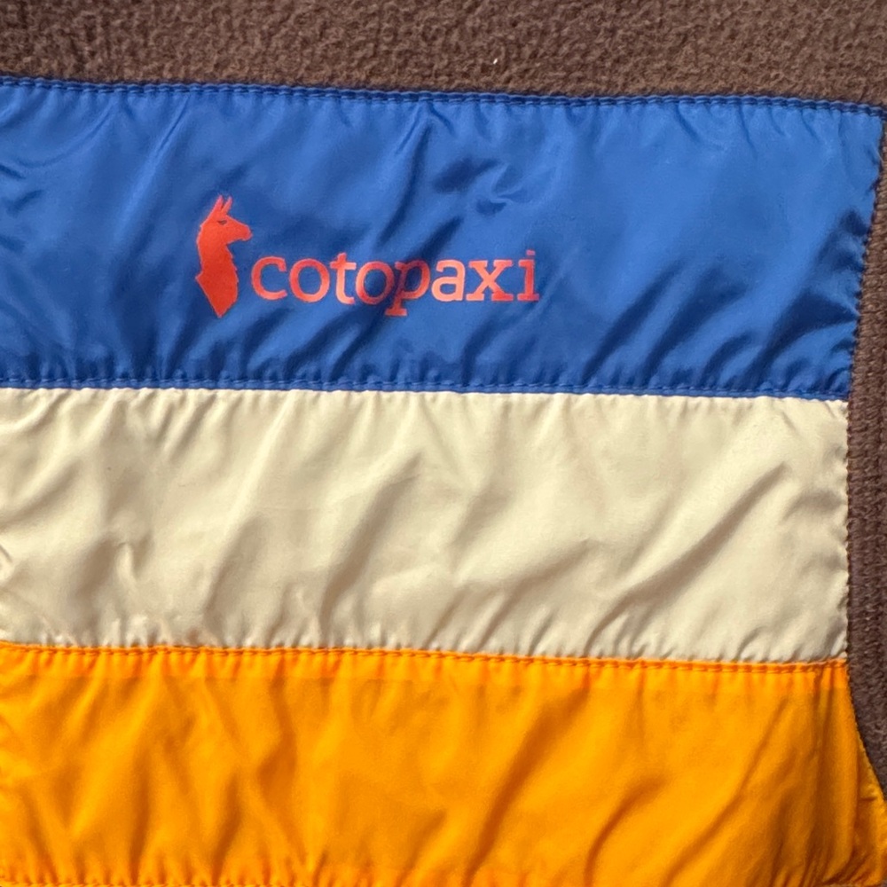 Cotopaxi Multicolor Ski Jacket with Blue, Orange, and Gray Stripes - Picture 2 of 6